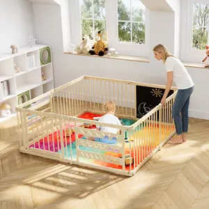 Foldable Baby Playpen with Activity Center | Adjustable Wooden Play Yard for Toddlers