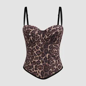 Women Corset Tank Tops Sleeveless Vintage Solid Jacquard Low Zipper Cut Sexy Leopard Vest Cropped Tube Tops Women Tank Tops Backless Fishbone Clubwear Spaghetti Strap Short