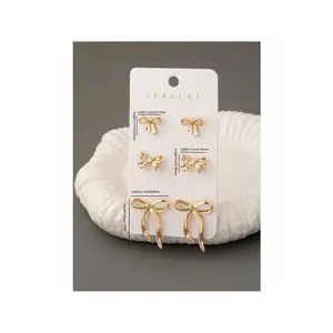 3 Pairs Golden Color Bow Stud Earrings Set Bowknot Earrings Set Women Fashion Jewelry Bow Accessories