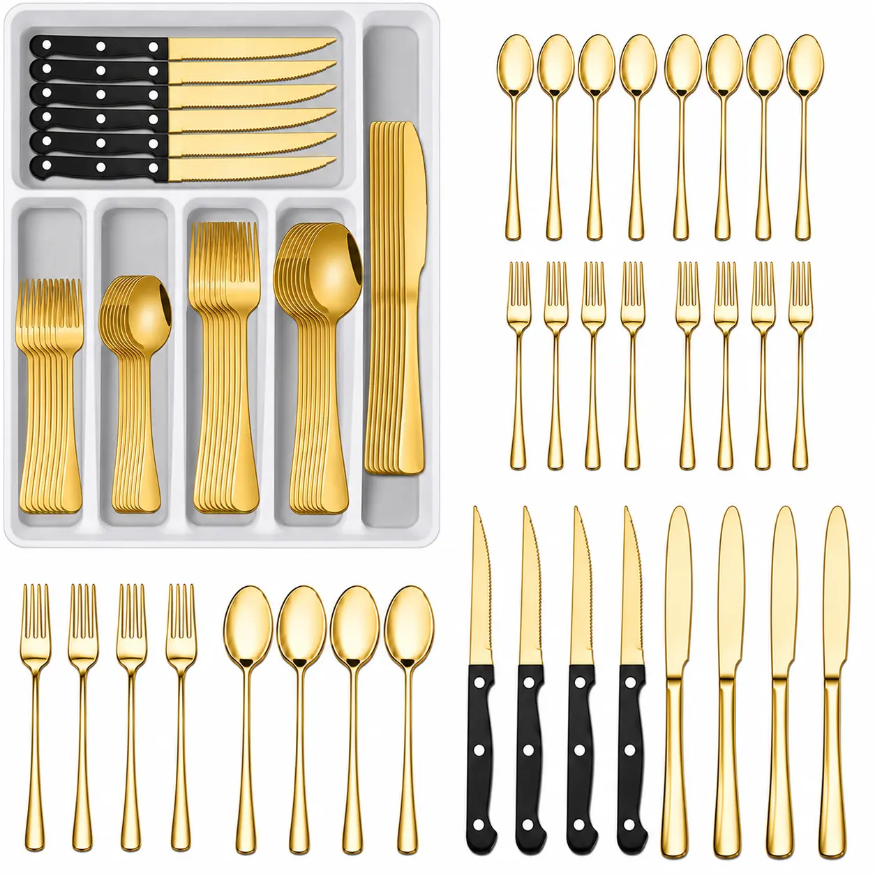 48pcs  Gold Silverware Set With Organizer， Stainless Steel Flatware SetService For 8, Modern Mirror Polished Dining Kitchen Accessories, Home, Kitchen, Party, Tableware Cutlery Set, Eating Utensils sets Include Fork, Knife, Dessert Spoon Set, Dishwasher