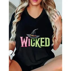 Plus Size "Wicked" Graphic Tee for Women - Casual Crew Neck, Short Sleeve, Oversized Loose Fit, Vibrant Letter Print, Black Polyester T-Shirt - Ideal Summer Gift, Everyday Tshirt|Graphic Print Tee|Polyester Fabri