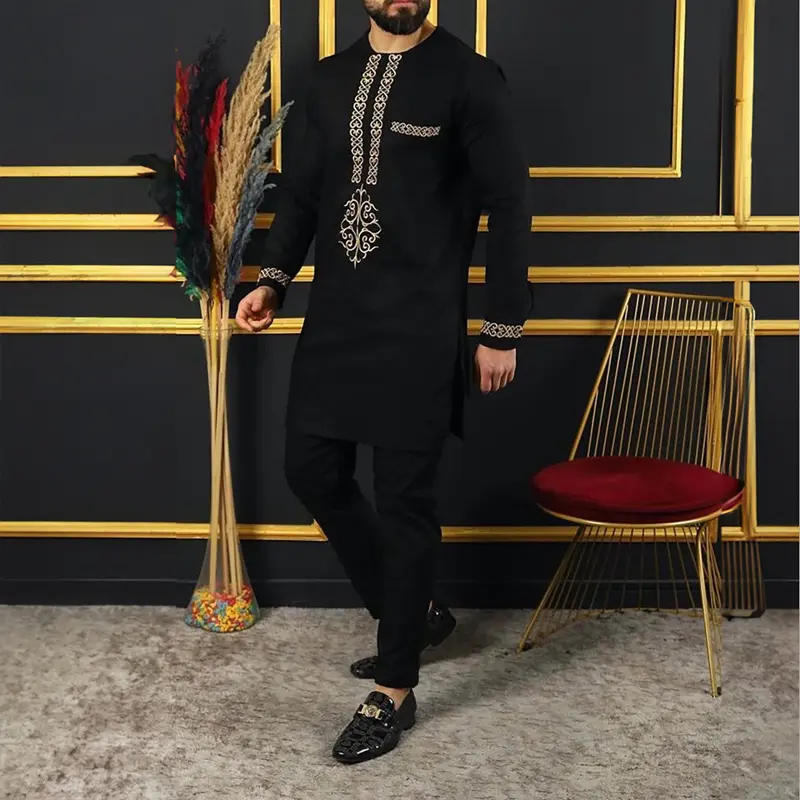 men's 2 piece set 2025 Men's Black African Style Casual Ethnic Style Embroidery Wedding Banquet Men's Long Sleeve Set