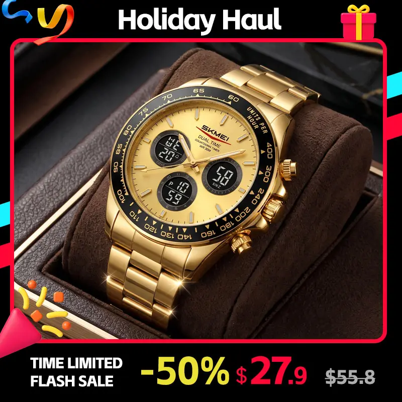 SKMEI Digital Watch for Men Large Dial Sport Wristwatch with Dual Time Stopwatch Countdown Alarm Day Date and EL Backlight Steel Band Mens Sport Watch for Workouts Outdoor and Daily Wear