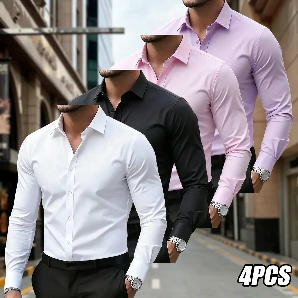Set of 4 men’s long-sleeve shirts—elegant business-casual solid-color shirts with a classic collar design and regular fit. Suitable for office and everyday wear. Classic design that remains timeless; men’s dress shirt.