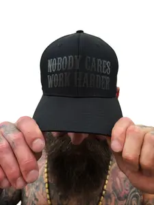 TheDriveClothing Work Harder Black on Black Flexfit Cotton Hat – Y2K Streetwear Trucker Cap, Minimalist Gym Hat, Biker Skater Urban Fashion, TikTok Viral Streetwear Festival Outfit