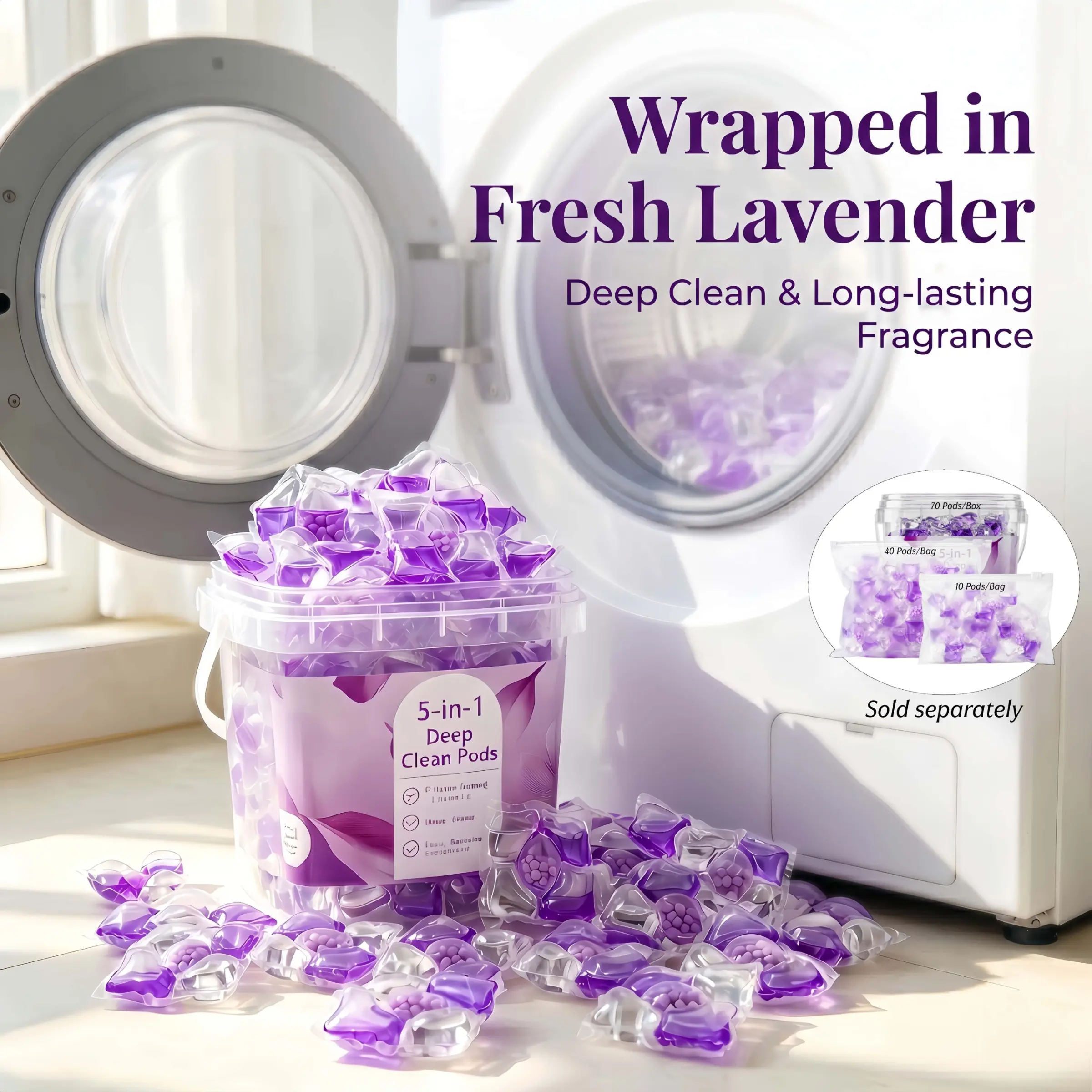 5-IN-1 LAVENDER LAUNDRY CAPSULES, Scented Laundry Detergent, Laundry Detergent Pods, 8X Concentrated Cleaning, 70% Active Ingredients, 72H Lasting Scent, Odor Eliminator, Stain Remover, Fabric Softener, 10/40/70 Counts for Family & Travel