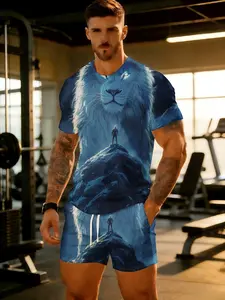 Summer Collection Men's 2-Piece Shorts & T-Shirt Set, 3D All-Over Print Cartoon Character Mountain Peak & Waterfall Design, Loose Fit Breathable Casual Sportswear, Stylish Versatile Short Sleeve Tee, 2-Piece Casual Sports Set