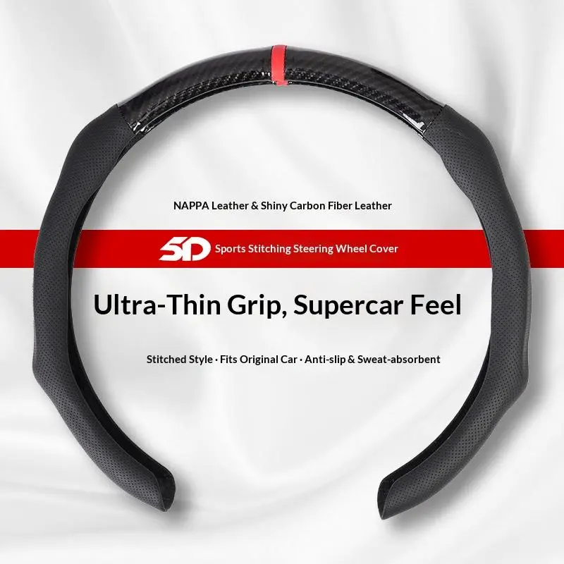 5D Sports Stitching Steering Wheel Cover, Ultra-Thin Grip Supercar Feel, Shiny Carbon Fiber & Perforated Nappa Leather, Sweat-Absorbent Easy-Install Accessory for Daily Drives, Universal Fit for Most Cars
