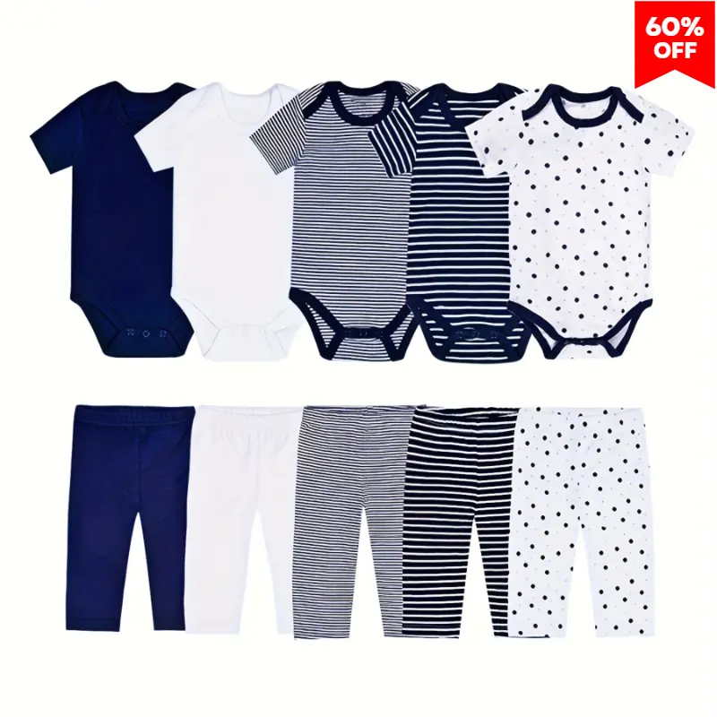 JY.COZY FOR BABY Baby Bodysuit Short Sleeve One-Piece Newborn Baby Clothes for Boys & Girls 0-12 Months Pajamas Set with Navy White Stripes & Polka Dots Newborn Baby Girl Clothes for Everyday Casual Wear