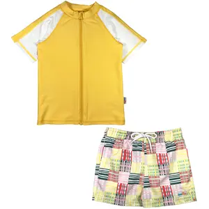 Boys Short Sleeve Zipper Rash Guard and Swim Trunk Set | "Madras Mania"