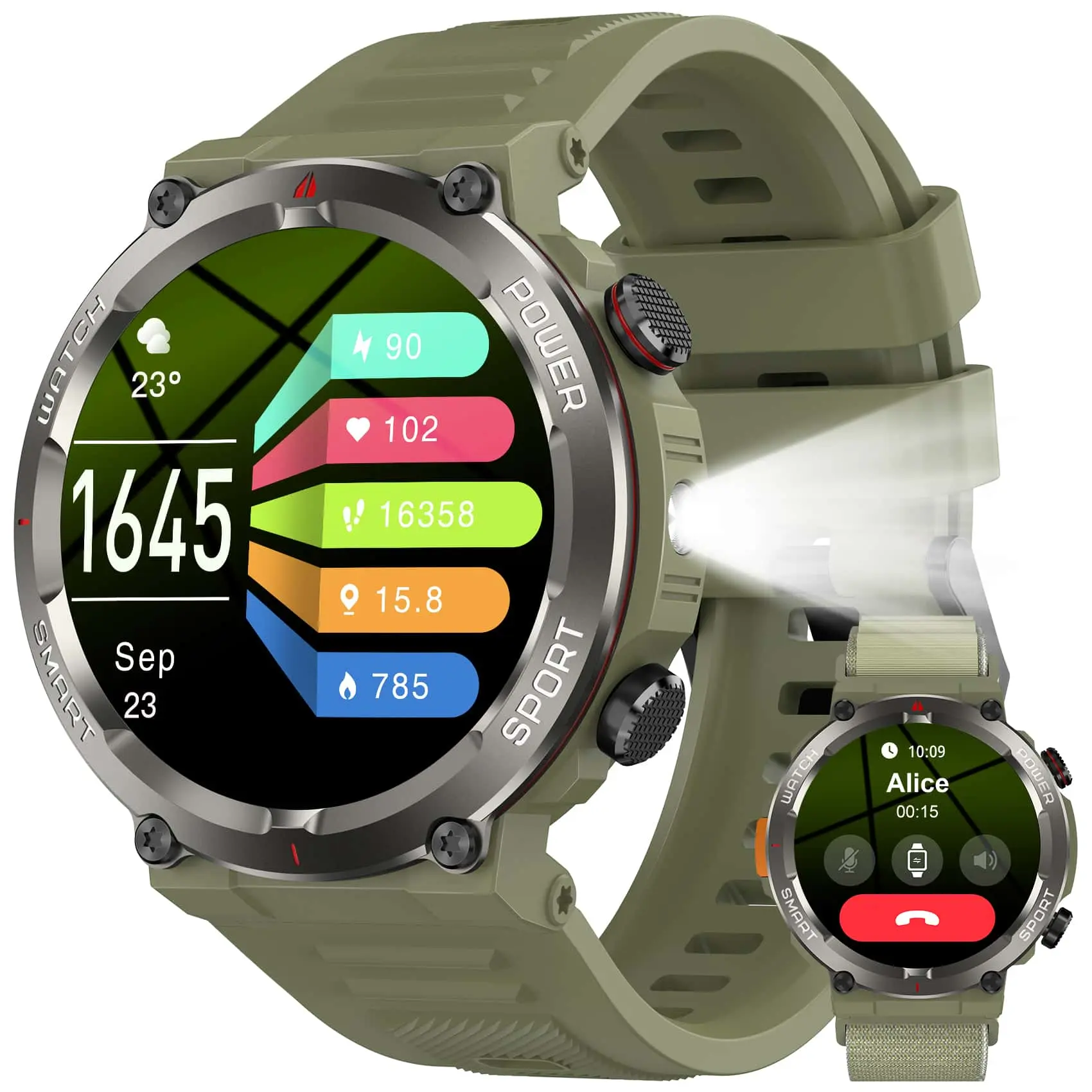 Rugged Military Wearable Smart Wristwatch for Men – Make/Answer Calls, 100-Day Battery, Flashlight, Compass, Heart Rate, SpO2, Sleep Monitoring, 2 Straps, Outdoor Fitness Watch Compatible with iPhone/Android Phones