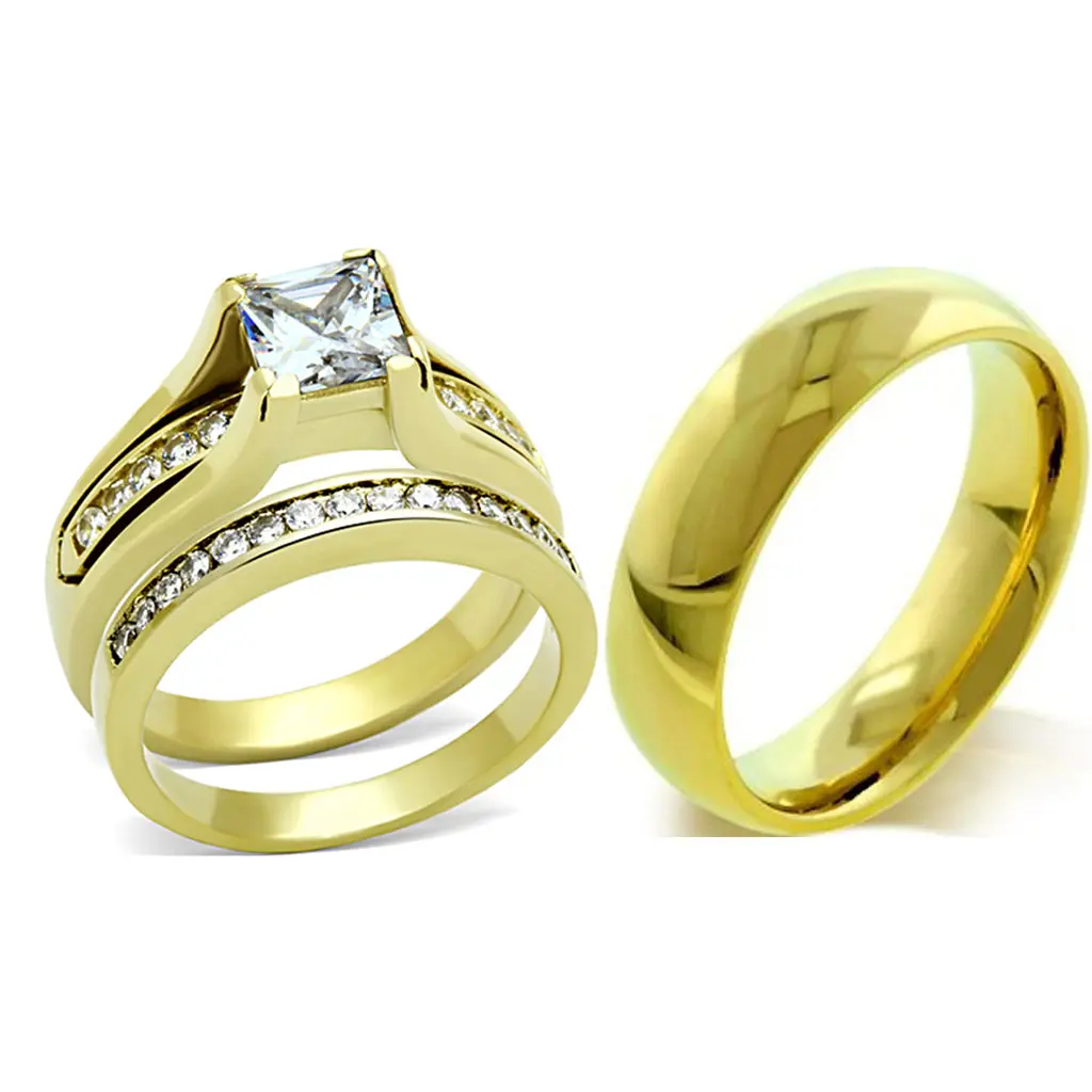 Lanyjewelry Unisex 3-Piece Wedding & Engagement Ring Set - Princess Cut CZ Accents, Gold IP Stainless Steel Bands, Multi-Size, Artificial Gemstone Rings, Wedding Ring