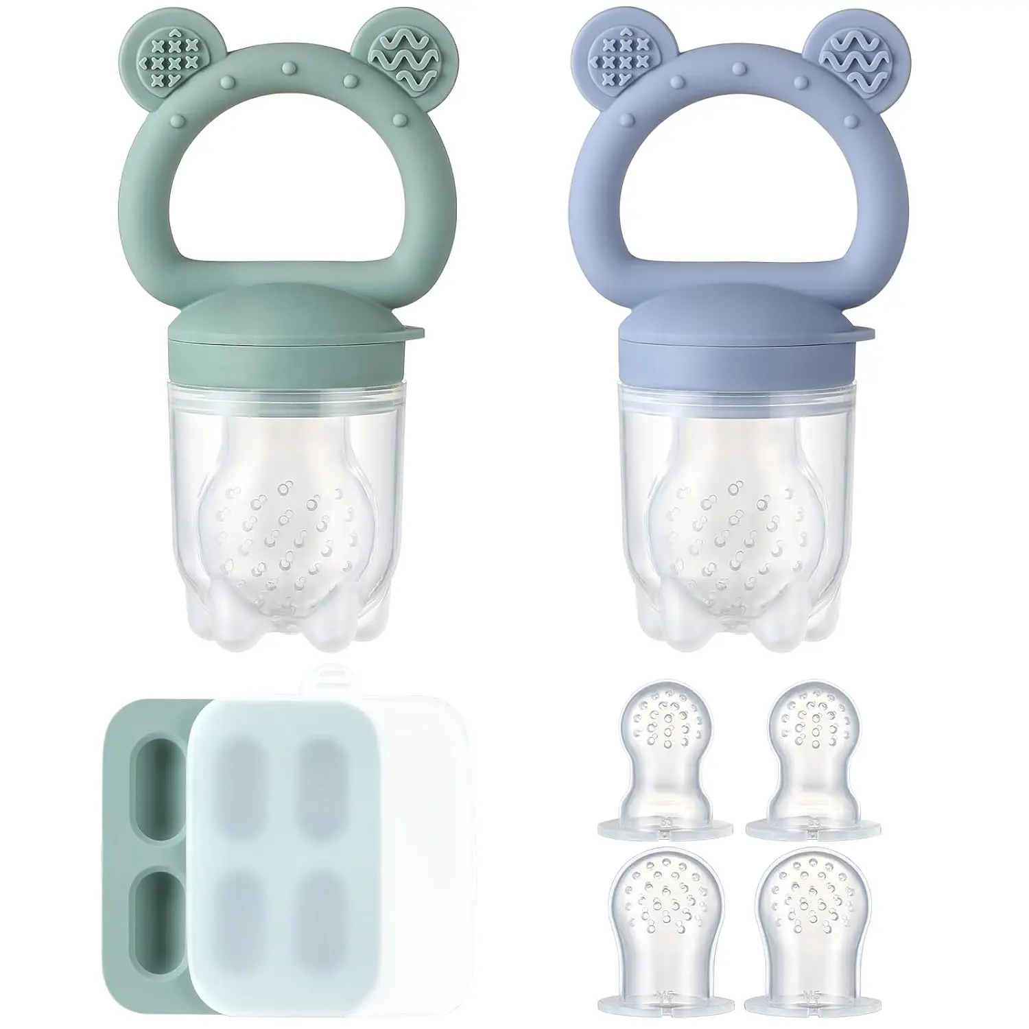 2-Pack Soft Silicone Baby Fruit Feeder Teether Set with Free Mini Freezer Tray, Breastmilk Popsicle Molds, Extra Food Pouches for Teething Relief, Safe Infant Self-Feeding, Dishwasher & Microwave Safe, Soft Silicone Teethers, Teether Set Teethers