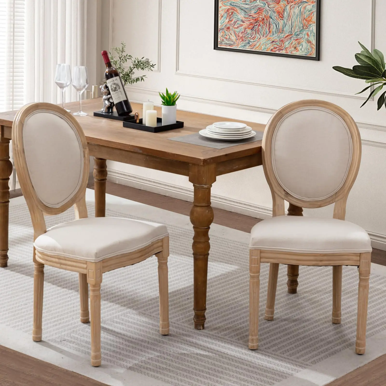 SoarFlash French Dining Chairs Set, Vintage Dining Room Chairs with Round Back, Wood Leg Farmhouse Country Dining Chair for Kitchen,Bedroom