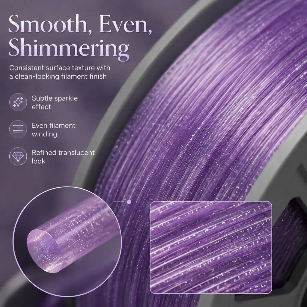 Translucent Sparkle Purple PETG 3D Printer Filament, 1.75mm, Fine Purple Pigment & Uniform Silver Glitter, 300g, Neat Layered Winding, Compatible with All Mainstream 1.75mm FDM Desktop 3D Printers & FDM Models, Custom Creative Gifts