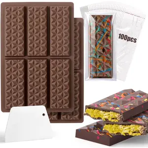 2Pcs/Set Silicone Chocolate Mold for Filling Knafeh Pistachio Chocolate Bar,12 Cavities Chocolate Bar Mold Deep with Bags Scraper,Thick Chocolate Bar Mold for Stuffed Bar,Christmas Party Gifts,Hand Tools Kits