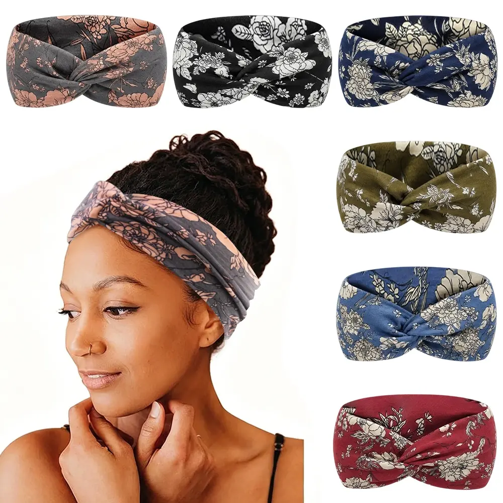6-Pack Bohemian Style Wide Headbands for Women - Polyester Knit Fabric Geometric Pattern Hairbands - Fashionable Elastic Head Wraps for Yoga, Running, Sports - Elegant and Simple Design for Fall/Winter