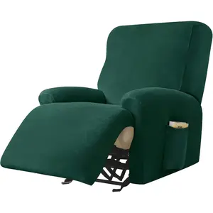 Recliner Chair Covers, 4-Piece Velvet Stretch Recliner Slipcover Single Seat Couch Cover Soft Furniture Protector with (Dark Green)