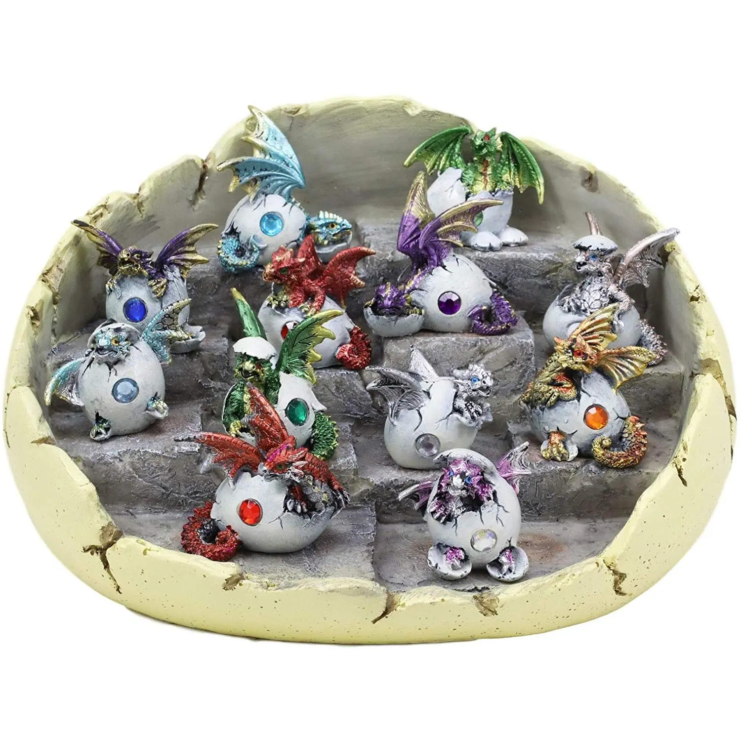 Ebros Multicolor 12-Month Birthstone Dragon Resin Sculpture Set, Gemstone Egg Hatchling Figurines with Display Stand, Medieval Fantasy Collectible Home Decor Ornaments, Ideal Gift
