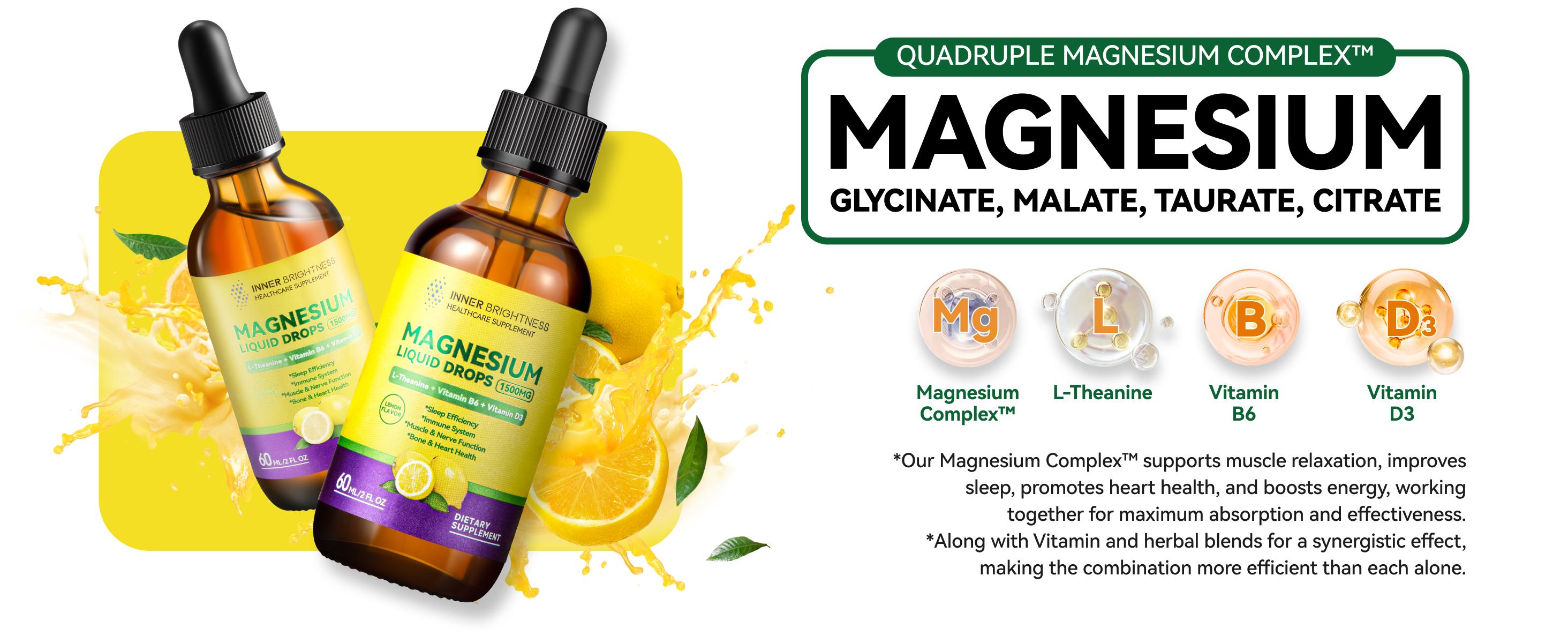 Magnesium Glycinate Liquid Drops with Magnesium Citrate & Taurate, L-Theanine, Vitamin D3, B6 - Supports Calm, Sleep, Muscle Relaxation, Leg Cramps & Energy, Sugar-Free Lemon Flavor, 60 mL theanine  supplement