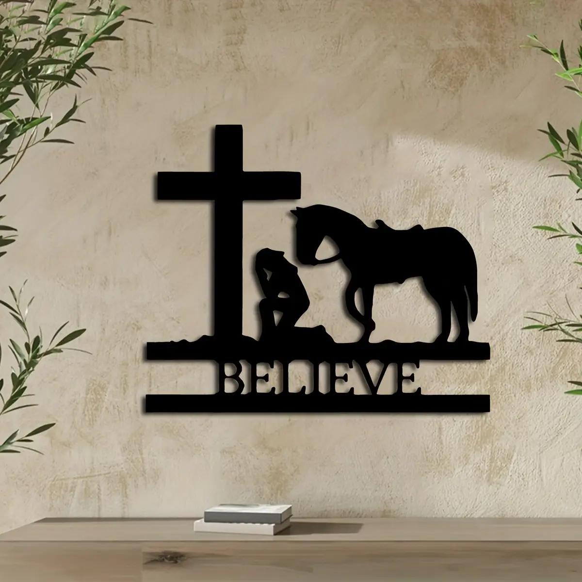 Iron Wall Art Decor with Kneeling Prayer Figures and Horse Silhouette, Religious Spiritual Profound Spiritual Message Western Style Cross Sign, Hanging Cross Ornament, for Christmas Decoration, Iron Material, Durable Iron, Ornaments, Religious Theme