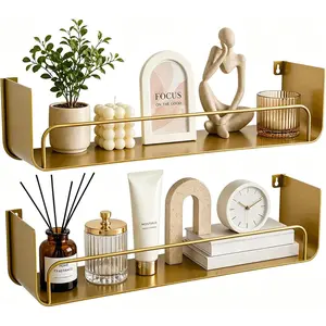 16 Inch Gold Floating Shelves 2 Pack - Modern Iron Bathroom Shelves with Guardrail, U-Shaped Wall Mounted Shelf for Home Decor&Organizer, Display Wall Shelf for Bathroom,Kitchen,Bedroom