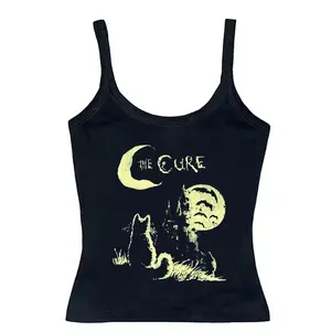 90s The Cure Gothic Cat Moon Camisole Top – Y2K Vintage Cute Cat Band Tank Top, Goth Punk Rock Y2K Camis Top, Aesthetic Dark Academia Outfit, Woman Gothic Clothing Star Girl, Gift For Her
