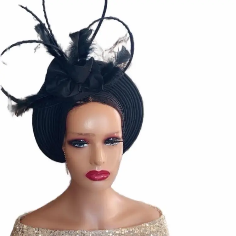 Black Aso Oke Auto Gele Hat with Fascinator adjustable snapback