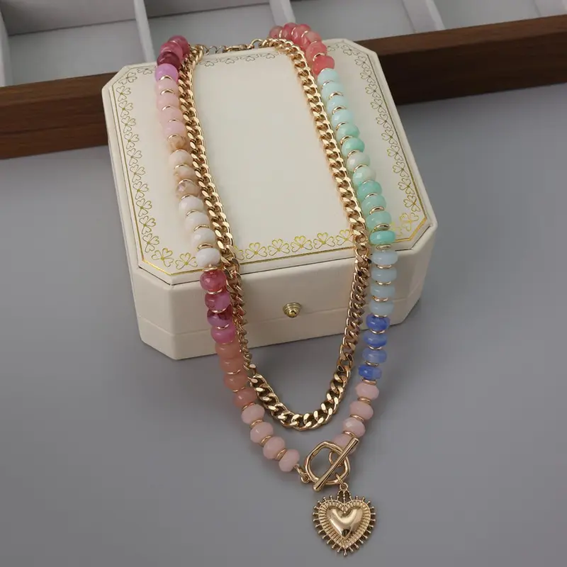 Women's Ethnic Retro 38cm 2-Layer Alloy Choker Necklace - Jewelry for Women, Vibrant Bead Stack, Colorful Acrylic Charm, Thick Cuban Chain, Chunky Heart Pendant, Lightweight Sturdy, Summer Beach Gift, Costume Jewelry