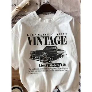 Graphic Tee Graphic Tees Women's Car & Letter Print Round Neck Tee, Casual Short Sleeve T-shirt for Summer, Women's Top for Daily Wear