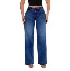 ONESO Wide Leg BBL Jeans for Women Trendy Streetwear Stretchy Mid Low Rise Denim Pants Womenswear Basic Dark Blue Fitted Minimalist Bottoms Casual Everyday Outfit Jeans for Women