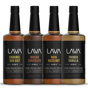 Variety (4-Pack) LAVA Premium French Vanilla, Hazelnut, Salted Caramel, Mocha Chocolate Natural Coffee Syrups 4 x 33.8oz (1-Liter) Flavored Coffee Sweeteners
