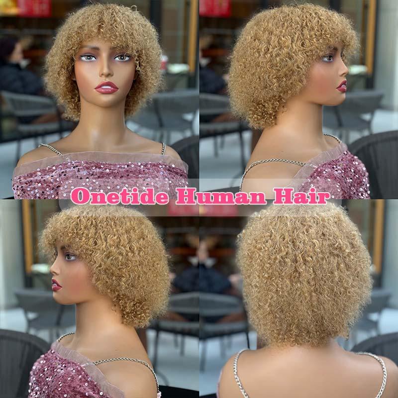 Glueless Wigs Human Hair Short Afro Kinky Curly Blonde Wigs For Women Human Hair Put on & go Soft and Fluffy Glueless Wigs 70s 80s Hair Kinky Curly Wig Cosplay or Daily Use Wigs 180% Density Pixie Curl Work Wig Onetide Hair