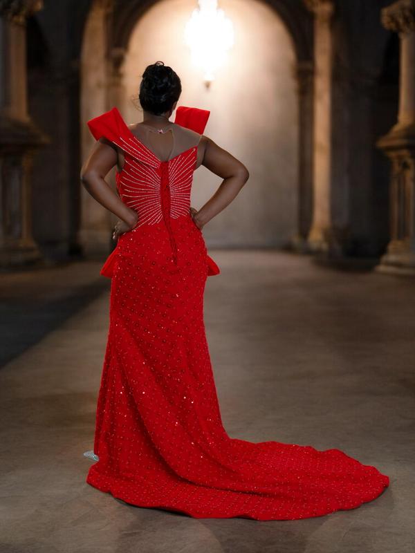 Crimson Sovereign Red Lace Evening Gown | Hand-Embellished Couture Dress | Custom Made Luxury Gala & Red Carpet Gown