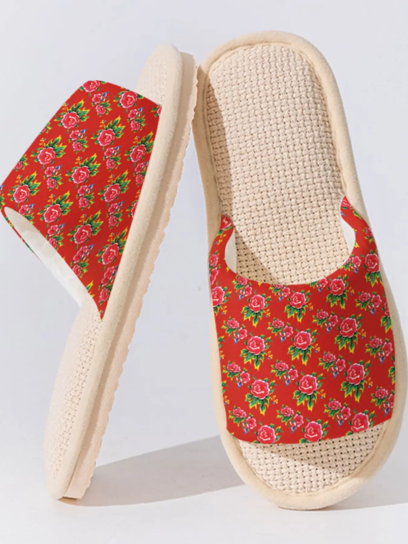 Chinese Style Rose Pattern Breathable & Lightweight 1 Pair Linen Slippers, Non-slip Cozy All Season Home Shoes for Women Men Family Guest Daily Wear