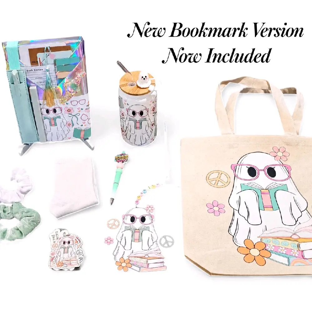 Blind Date with a Book Limited Edition Box Bundle- Paperback or Hardcover Book, Book/Tablet Holder, Bookish Pen,Socks, Hair Accessories,Oversided Bookmark, 16oz glass can, natural canvas tote and other bookish goodies Gift Set