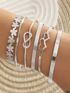 Women's Heart Floral Cuff Bracelet Set, Casual Alloy Open-End Design, Daily Wear & Party Gift, All Seasons Jewelry, Trendy Stack Bangle
