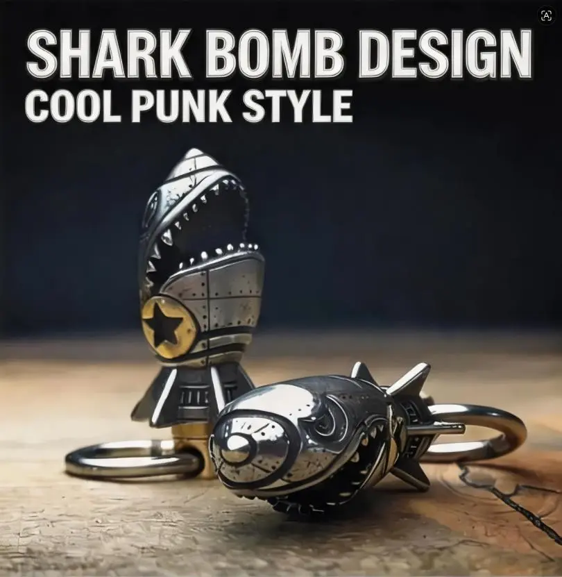 Men's Fashion Accessory Keychain - Shark Warhead 3D Heavy-Duty Metal Pendant, Vintage WWII Aviation EDC Paracord Bead, 2-Tone Silver-Brass Biker Charm, Gift for Veterans & Tactical Collectors