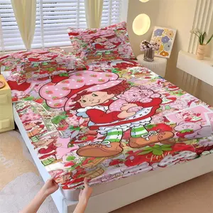 Strawberry Shortcake Character Collage Print Fitted Sheet Set (3 Pieces, 1 Fitted Sheet + 2 Pillowcases), Cute Kawaii Pink Aesthetic Bedding, Soft Breathable Bed Set for Girls & Kids Bedroom