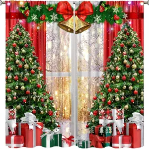 2-Piece set, Christmas theme curtains, Christmas tree gifts, snow, winter bell-shaped ambient light printing curtains, suitable for kitchen, living room, bedroom home decoration curtains, Christmas decoration, Christmas theme.