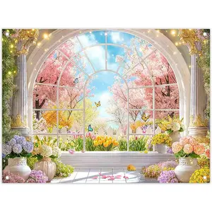 Spring Window Scenery Photography Backdrop Pink Cherry Blossom Blooming Flowers Natural Garden Background Girls Women Bridal Party Decorations Photo Props