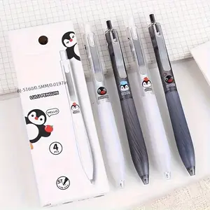 4pcs Silent Push Action Gel Pens with Metal Clips, Cute Penguin Family Design, Quick-Drying 0.5mm Ballpoint Pens for Students, Gel Ink Pens