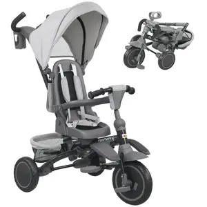 Qaba 6 in 1 Kids Tricycle with Adjustable Push Handle, Foldable Bike Stroller with Removable Canopy, Reversible Seat, for 1-5 Years, Gray