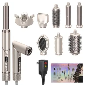 EasyinBeauty 8-in-1 Hot Air Styler, 110,000 RPM High-Speed Hair Dryer Brush with Auto Curling Barrels, Ionic Smoothing, Volumizing Brush, Diffuser & Styling Nozzle, Champagne Gold