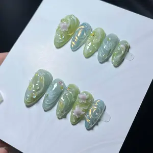 Handmade Green & Blue Press On Nails | 3D Lotus Flowers with Iridescent Water Swirls | Short Nature Inspired Nail Art Set