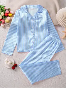 Two-Piece Set Girl's Striped Print Lapel Shirt & Pants Satin Pyjama Set, Long Sleeve Button Front Top & Trousers Set, Kids Sleepwear Soft Casual Pajamas for Fall & Winter, Pajama Sets