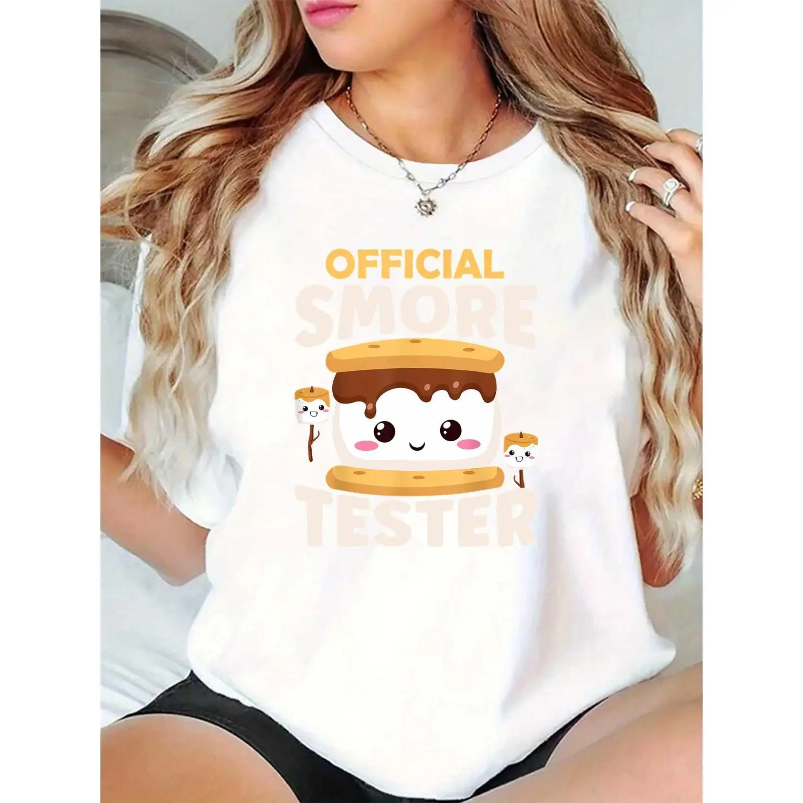 Women's 100% Cotton Round Neck Short-Sleeve Fit T-Shirt - Cute S'more Tester Graphic (Marshmallow-Graham Cracker-Chocolate) - Lightweight Breathable Casual Summer Camping Top
