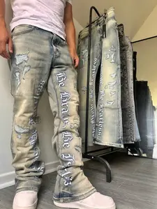 Men's Embroidered Jeans, Micro Flare Denim Jeans, Letter Stitching, Tight Fit, Ripped Bell Bottoms, Washed Y2K Style, All Seasons