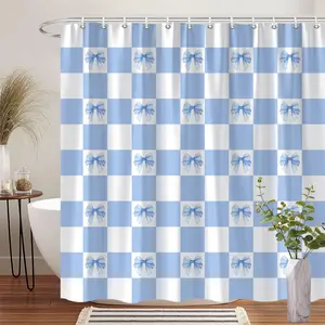 1Pc Blue Bow Checkered Shower Curtain Polyester Fabric Bathroom Decor Bath Tub Divider Hanging Curtain 70.8x70.8 Inch with 12 Hookss Stylish Fun Design for Home Decor