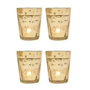 4 Pack | Vintage Mercury Glass Candle Holders (3.25-Inch, Katelyn Design, Column Motif, Gold) - For Use with Tea Lights